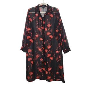 Vintage Sheer Maxi Duster Emo Goth Fall Autumn 1X Roses Art Nature Button Shirt